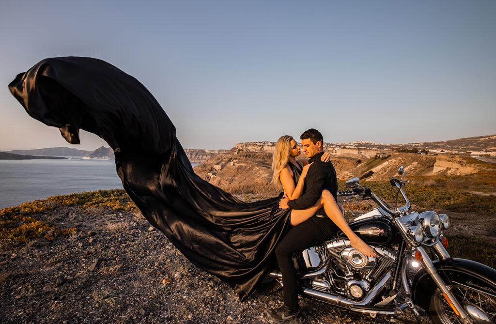 santorini flying dress photoshoot Harley Davidson