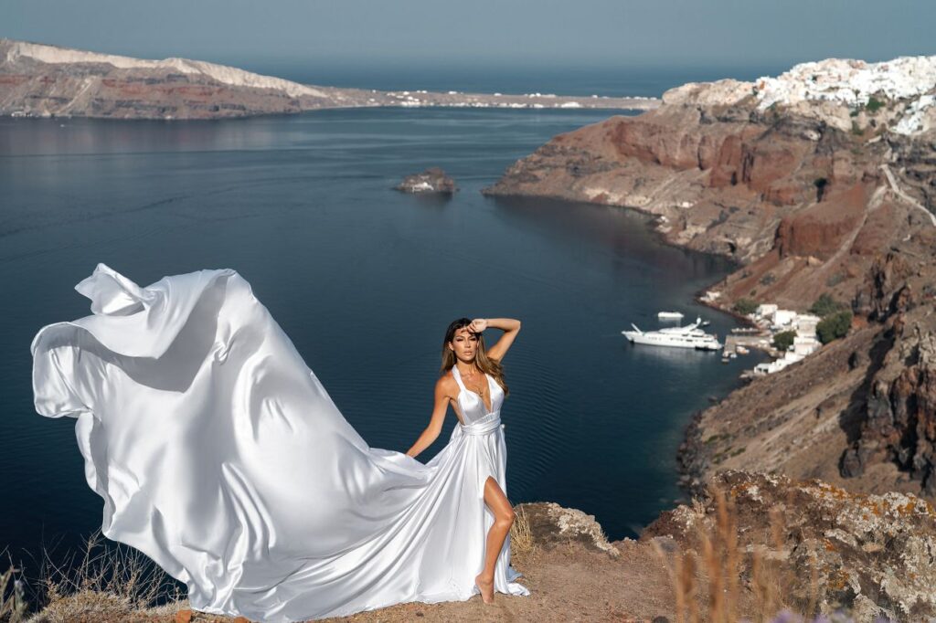 santorini flying dress photoshoot